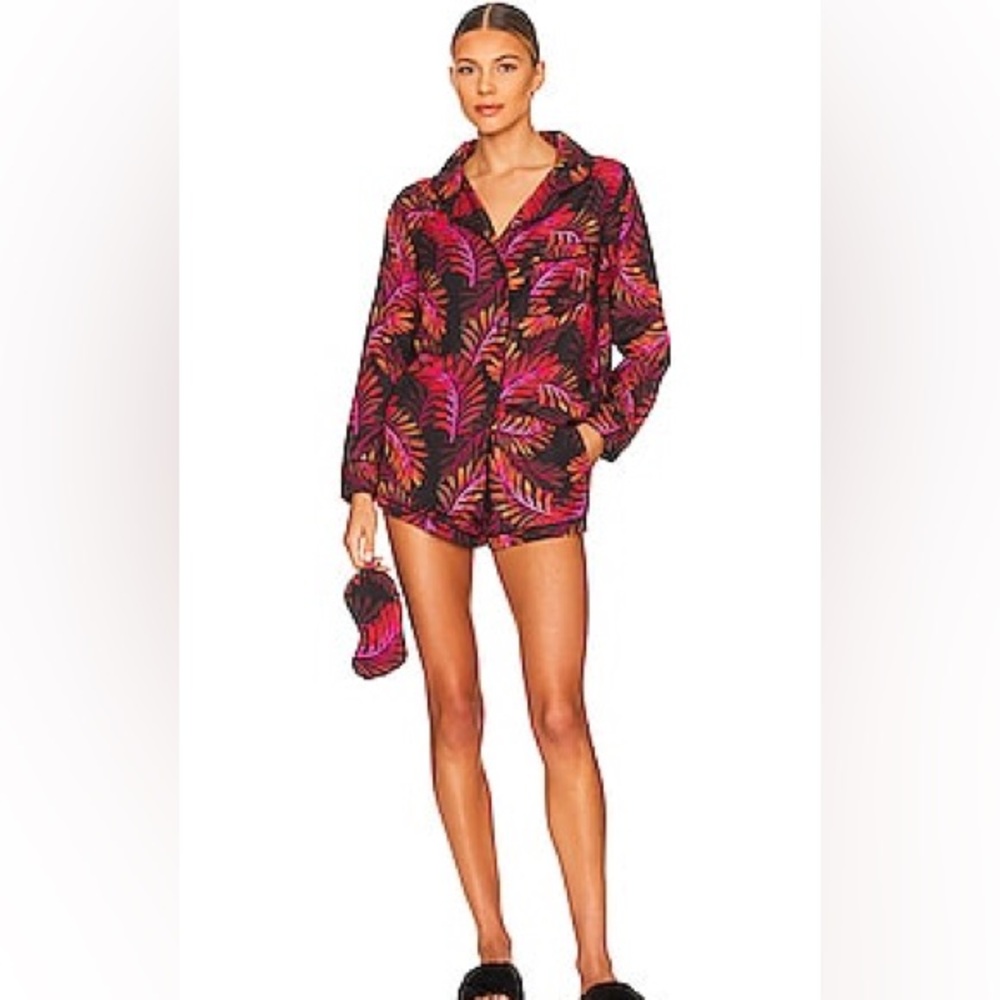 Plush Faux Silk Neon Palm PJ Set - Eye Mask, Long Sleeve and Shorts Size Small